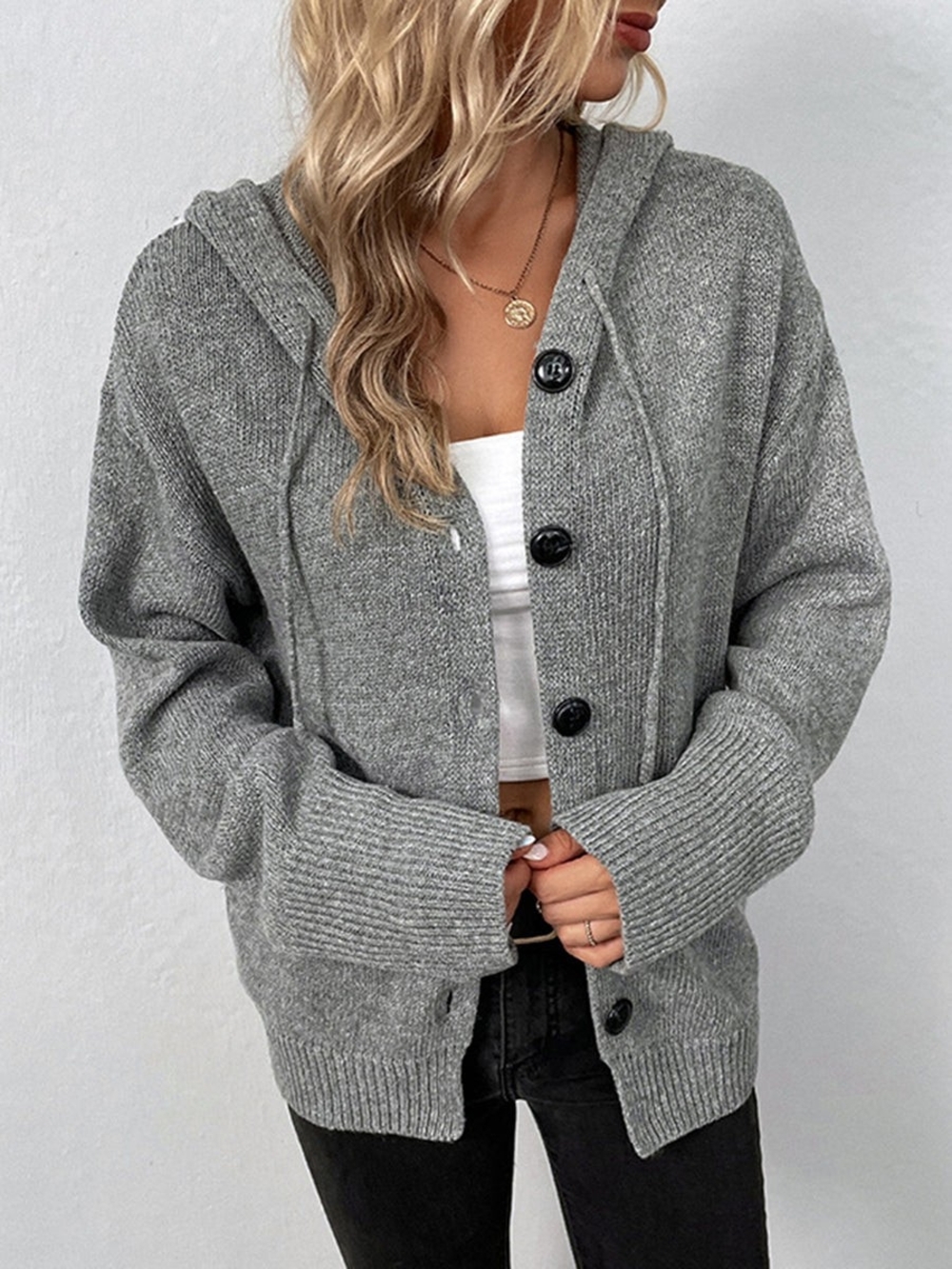 Cozy Hooded Button-Front Sweater Cardigan - Gray